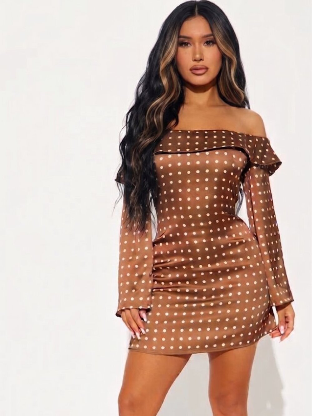 Fashion Nova Marisol BROWN/WHITE Polka Dot NWT Mini Dress SZ Lg